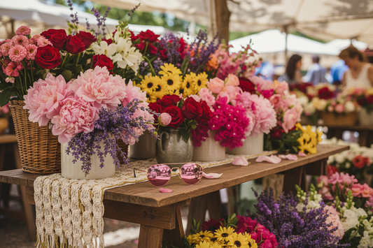 Rose Petal Round Sunglasses at flower market with colorful blooms
