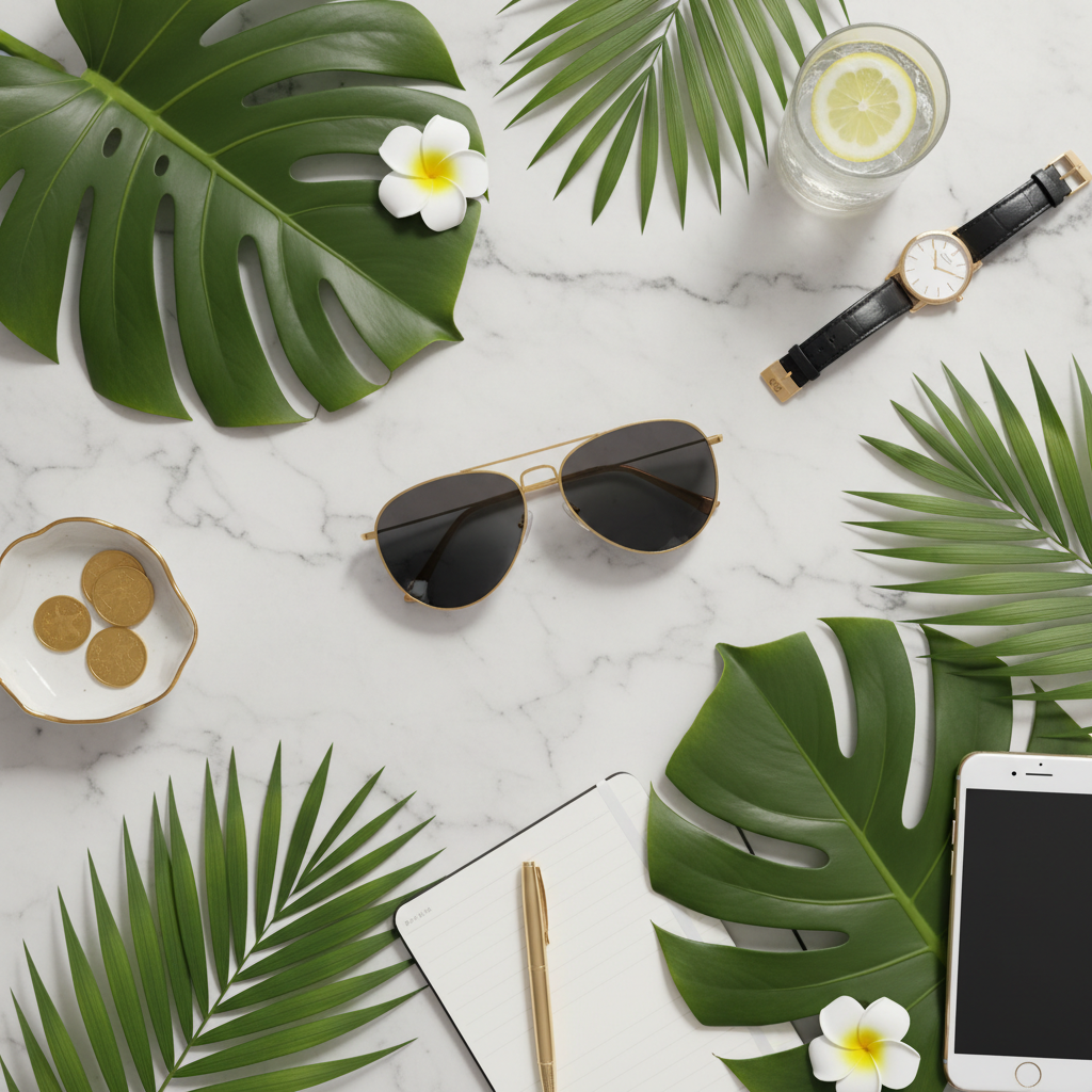 Aviator sunglasses on marble surface with tropical leaves