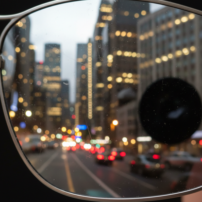 Close-up of mirrored silver lens reflecting city lights