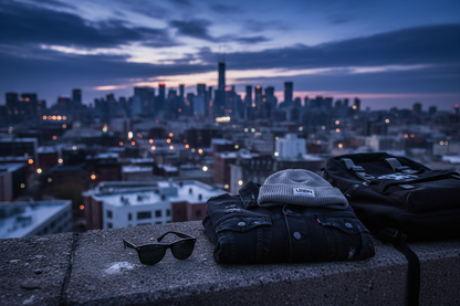 Midnight Wayfarer Sunglasses on urban rooftop with city skyline