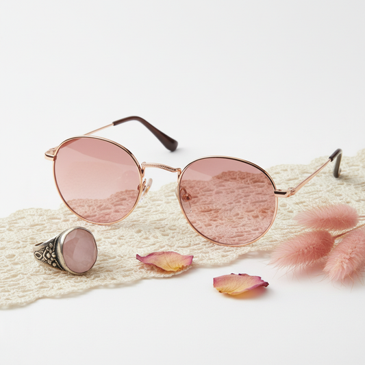 Rose Petal Round Sunglasses - rose gold frame on white background