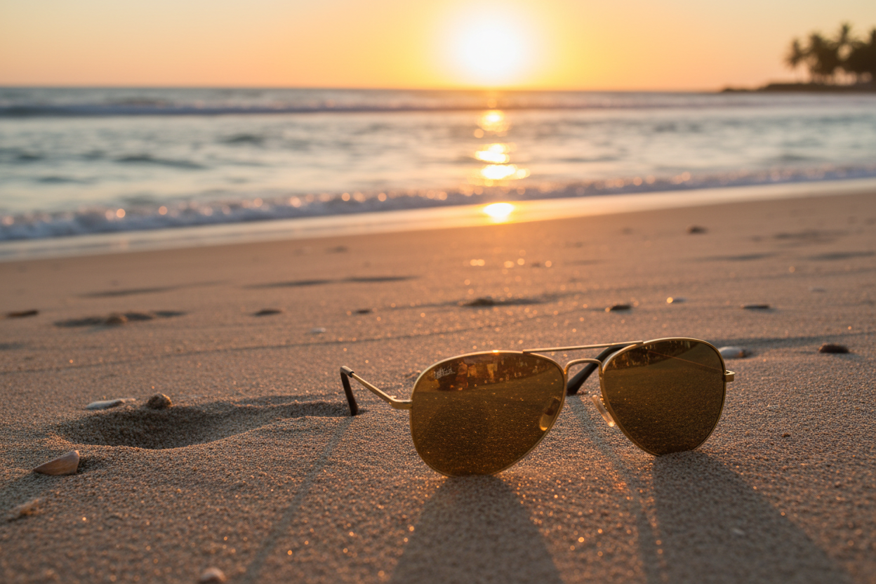 Golden Hour Aviator Sunglasses on sandy beach with ocean background