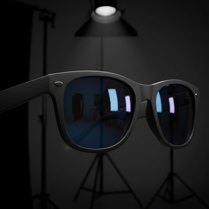 Close-up of black wayfarer frame texture and polarized lens