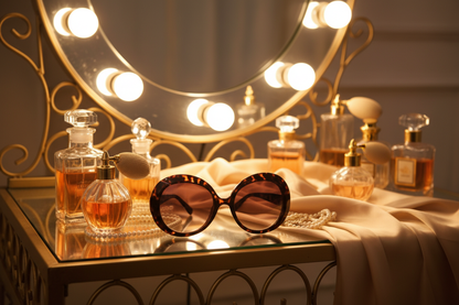 Tortoise Queen sunglasses on glamorous vanity table with Hollywood lighting