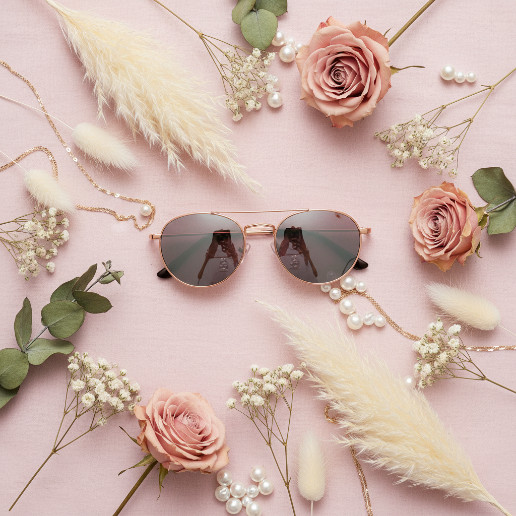 Round sunglasses flat lay on pastel pink fabric with dried flowers