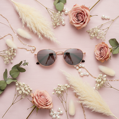 Round sunglasses flat lay on pastel pink fabric with dried flowers