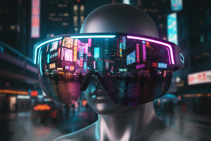 NOVA Shield Sunglasses on neon-lit urban street at night