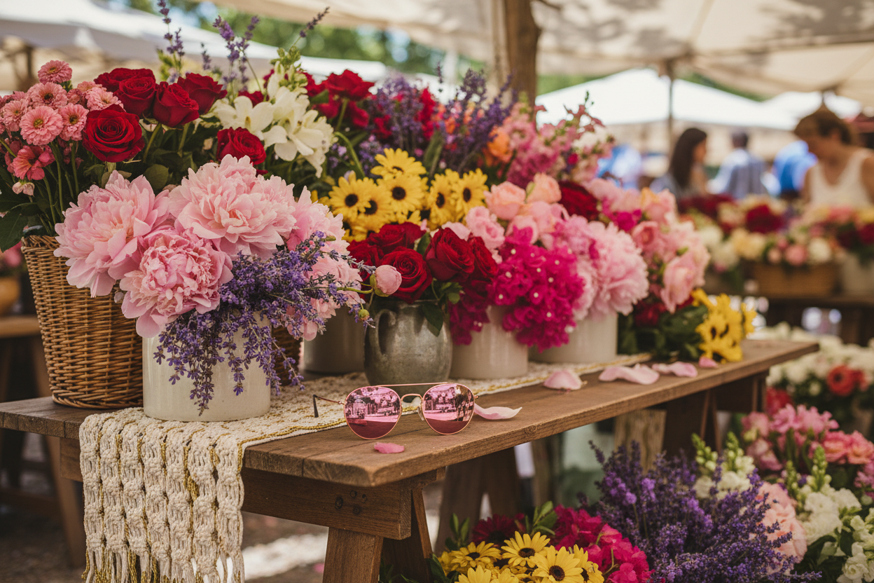 Rose Petal Round Sunglasses at flower market with colorful blooms
