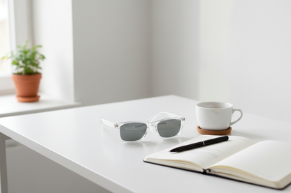 Ghost Frame sunglasses on minimalist white desk with coffee and notebook
