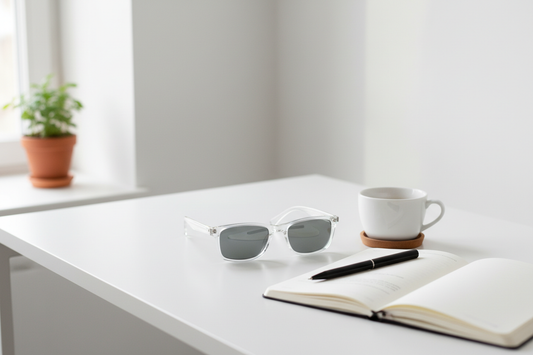 Ghost Frame sunglasses on minimalist white desk with coffee and notebook
