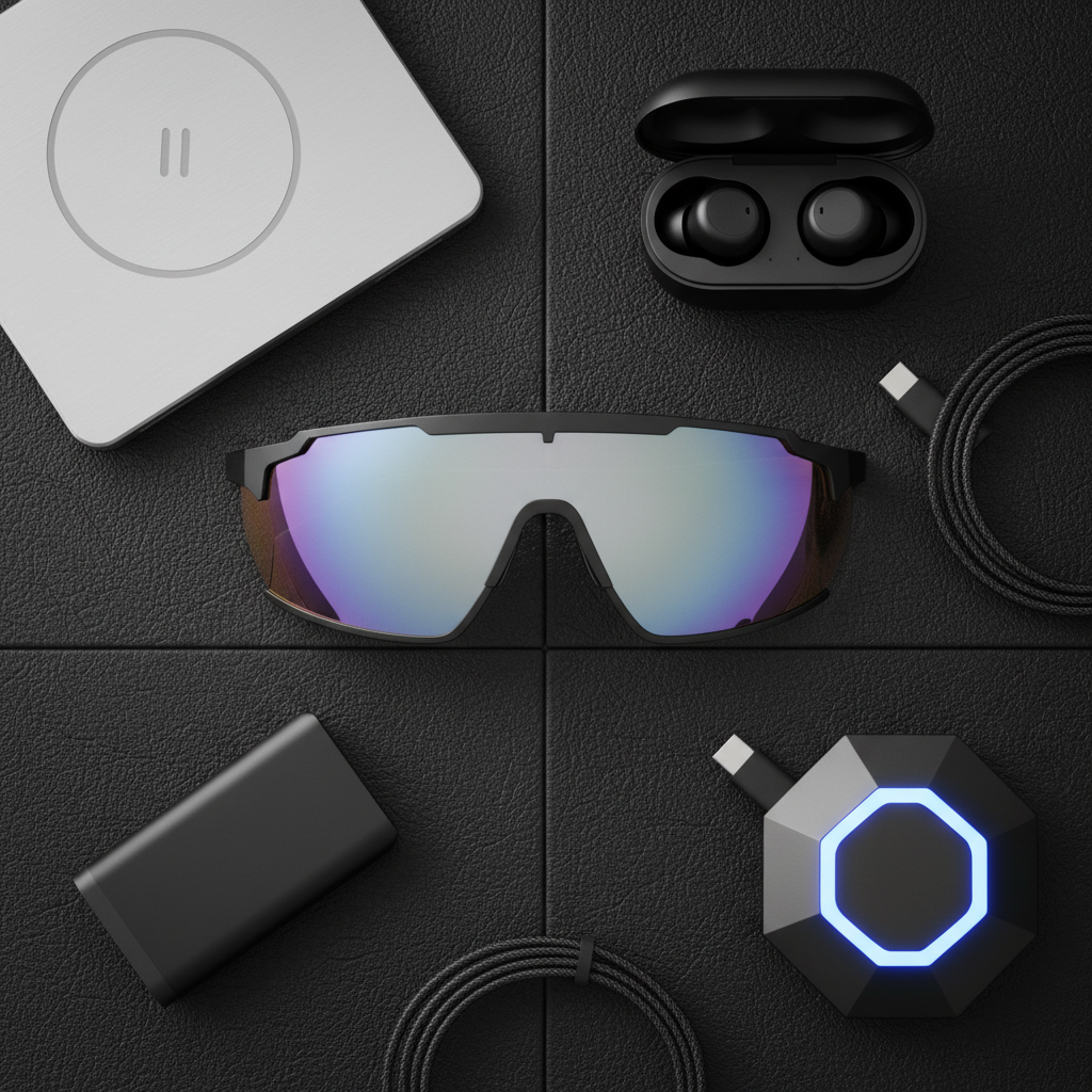 Shield sunglasses flat lay on black leather with tech accessories