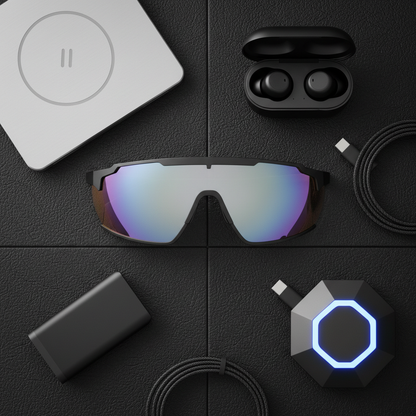 Shield sunglasses flat lay on black leather with tech accessories