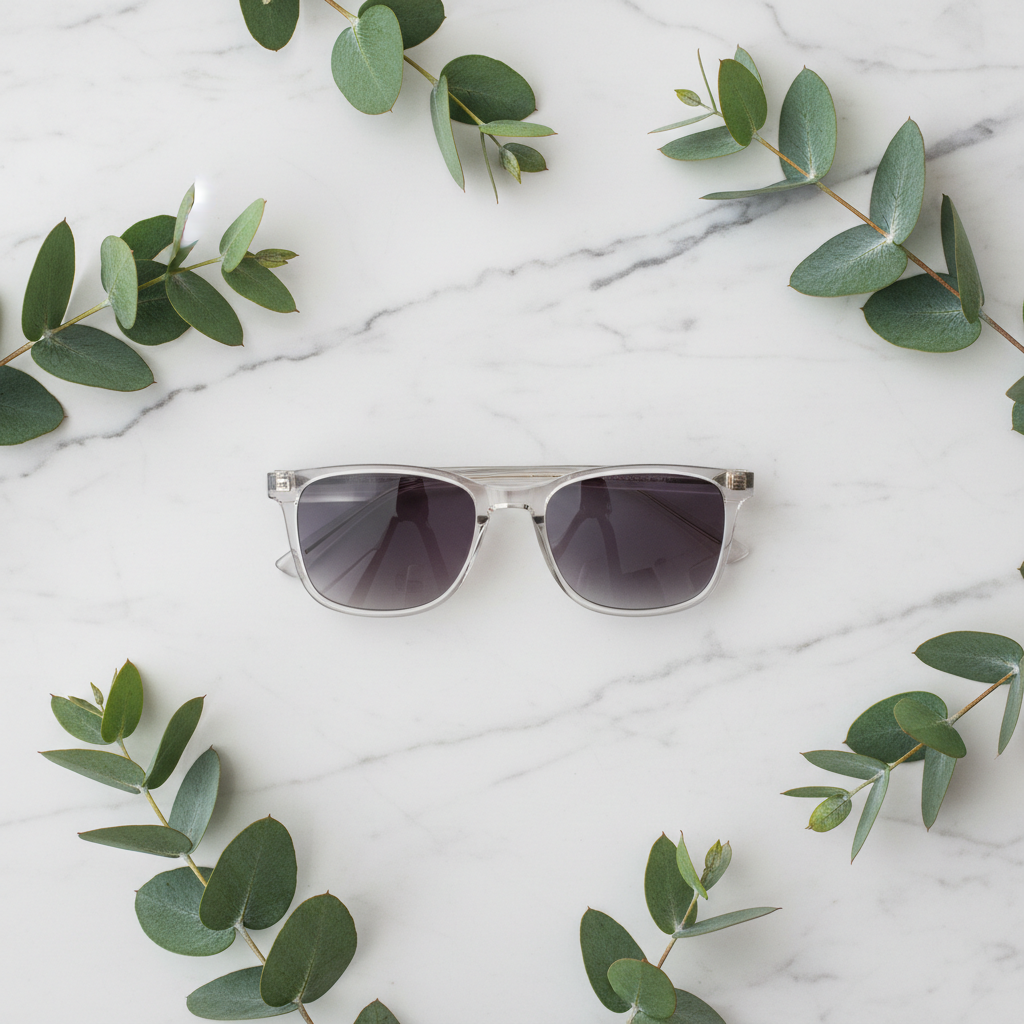 Clear sunglasses flat lay on white marble with eucalyptus leaves
