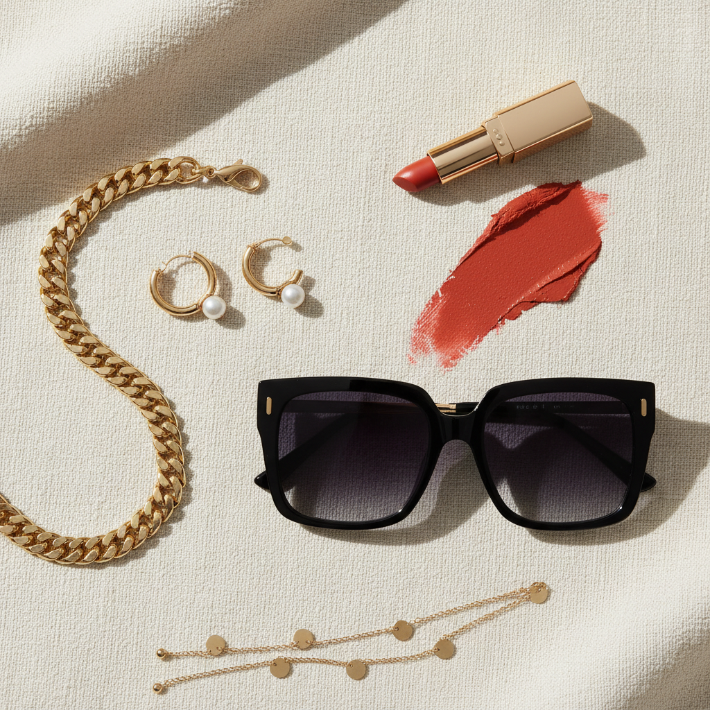 Oversized sunglasses flat lay on cream linen with gold jewelry