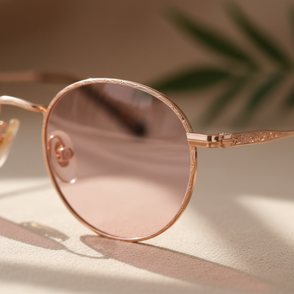 Close-up of rose gold wire frame and pink tinted lens detail